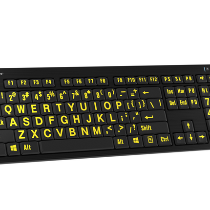 Large print keyboard for windows in yellow on black design for improved visibility and accessibility.