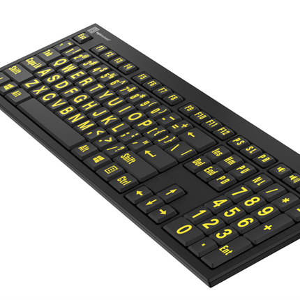 Large Print Keyboard for Windows featuring bold yellow text on a black slimline design for improved visibility.