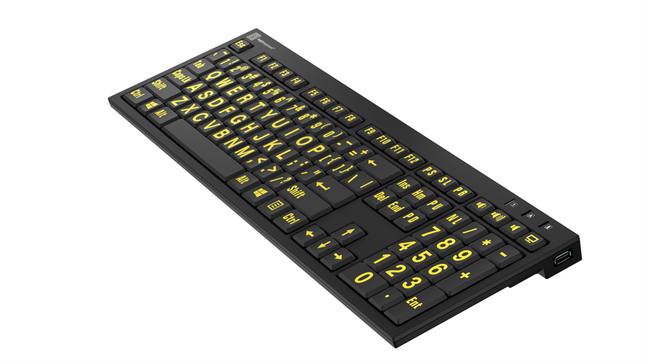 Large Print Keyboard for Windows featuring bold yellow text on a black slimline design for improved visibility.
