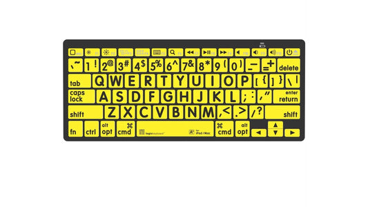 Large Print - Black on Yellow Mini Bluetooth Keyboard - Mac with high-contrast oversized keys for enhanced visibility.