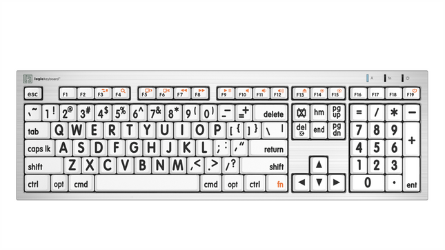 Large Print Mac Keyboard in black on white from ALBA with bold keys for easier visibility and accessibility.
