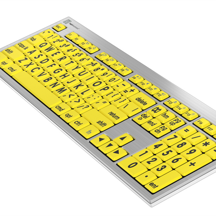 Large Print Keyboard for Mac in black on yellow color for improved visibility and accessibility.