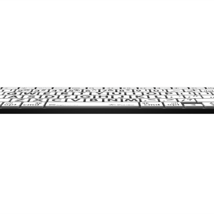 Large Print Bluetooth keyboard for Mac viewed from the side, featuring bold black keys on a white background.