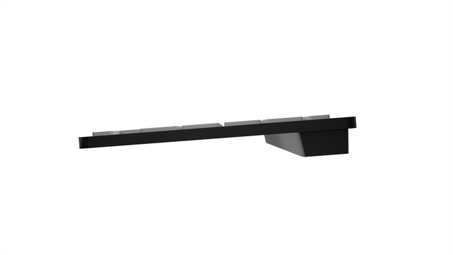 Large print Bluetooth keyboard for Mac viewed from the side, showcasing sleek design and black keys.