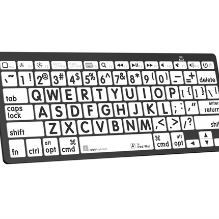 Large print Bluetooth keyboard for Mac - black on white design, ideal for low vision and accessibility.