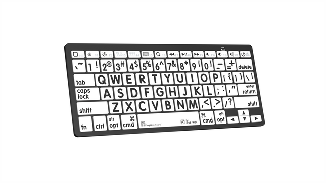 Large print Bluetooth keyboard for Mac - black on white design, ideal for low vision and accessibility.