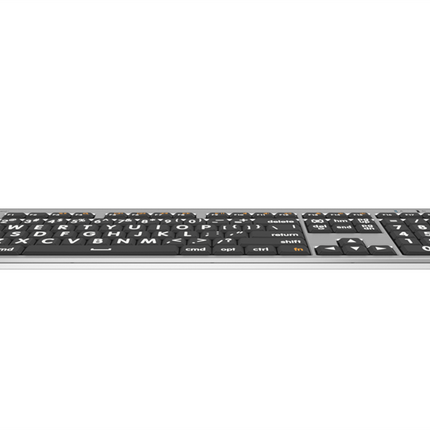 Large Print Mac keyboard with white on black keys, designed for enhanced accessibility and ease of use.