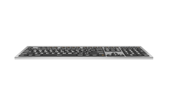 Large Print Mac keyboard with white on black keys, designed for enhanced accessibility and ease of use.