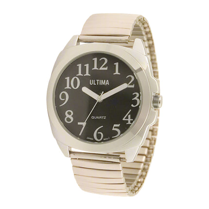 low vision watch with large numbers, black dial, bold white numerals, unisex design with silver expansion band