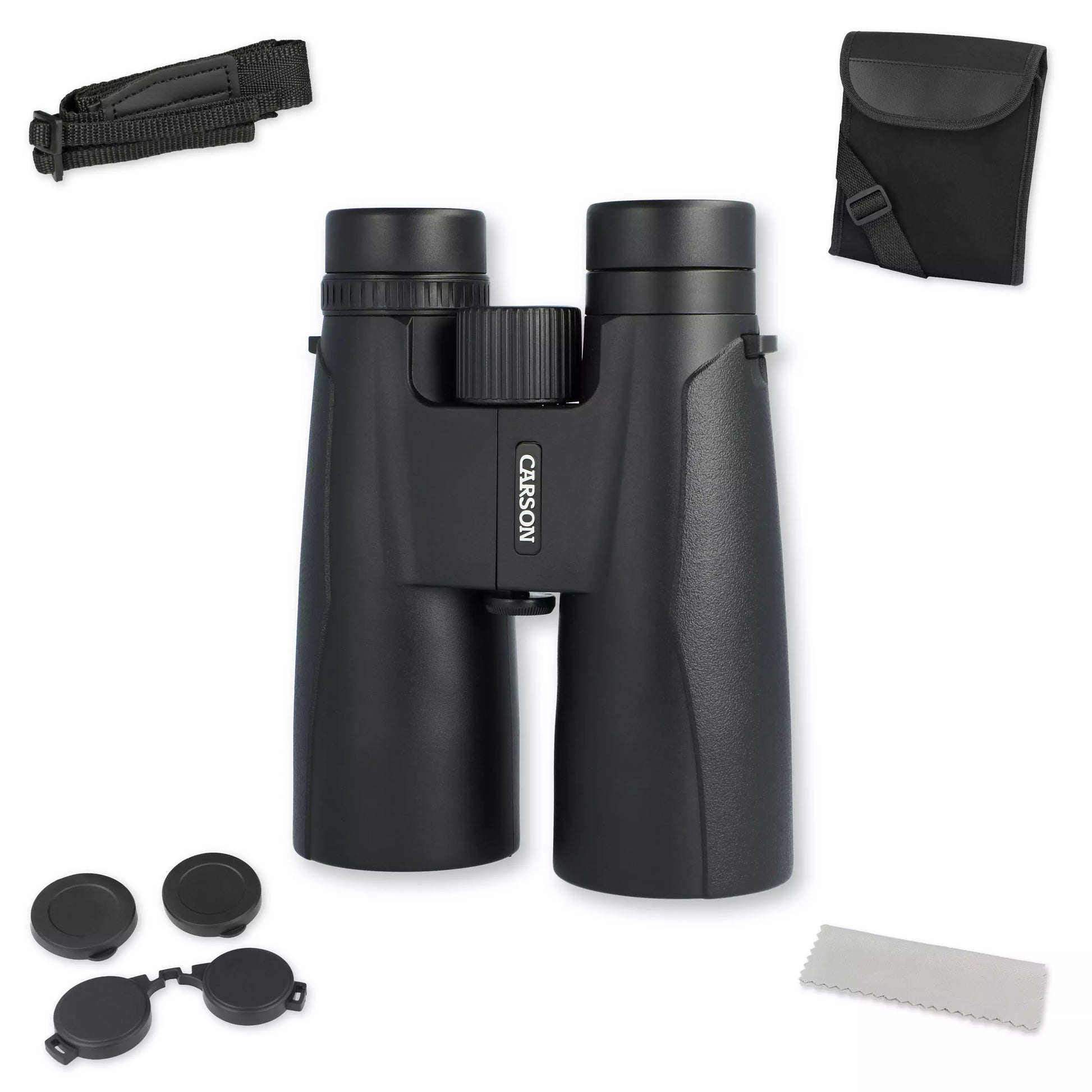 Compact Binoculars 8.5x36mm with accessories like lens caps, carrying strap, and cleaning cloth.