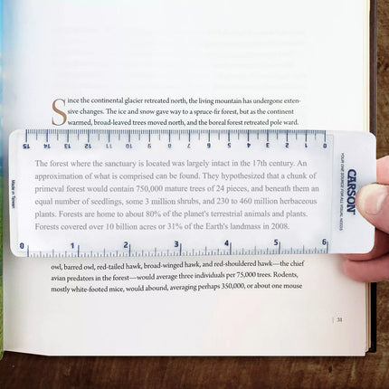 MagniMark 3x Bookmark Magnifier on a page, showcasing magnification and a built-in ruler.
