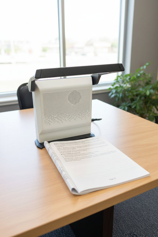 Book being read by a document camera on a desk with a remote control nearby.