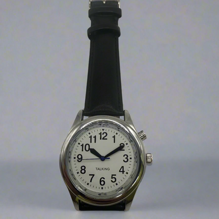 mens talking watch for low vision with black leather band, silver face and bold black numbers, one button accessible design