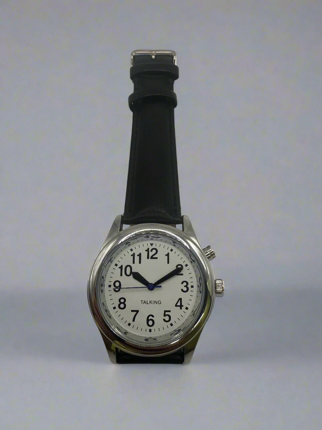 mens talking watch for low vision with black leather band, silver face and bold black numbers, one button accessible design