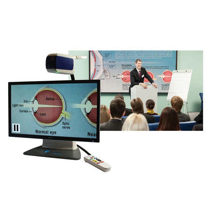 Onyx HD Deskset Video Magnifier displaying an eye diagram while a presenter speaks to an audience.