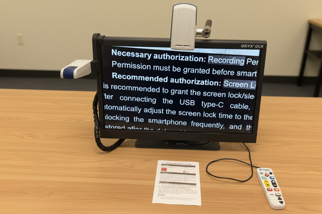 ONYX 24 inch HD magnifier with text to speech displaying enlarged document on 24-inch screen with remote and controls on desk