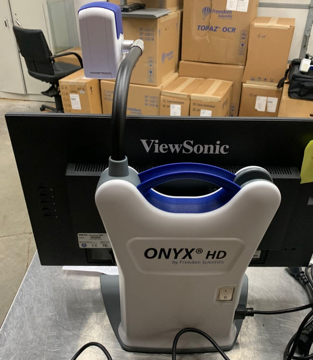 Used ONYX 22 inch video magnifier connected to ViewSonic monitor with flexible camera setup.