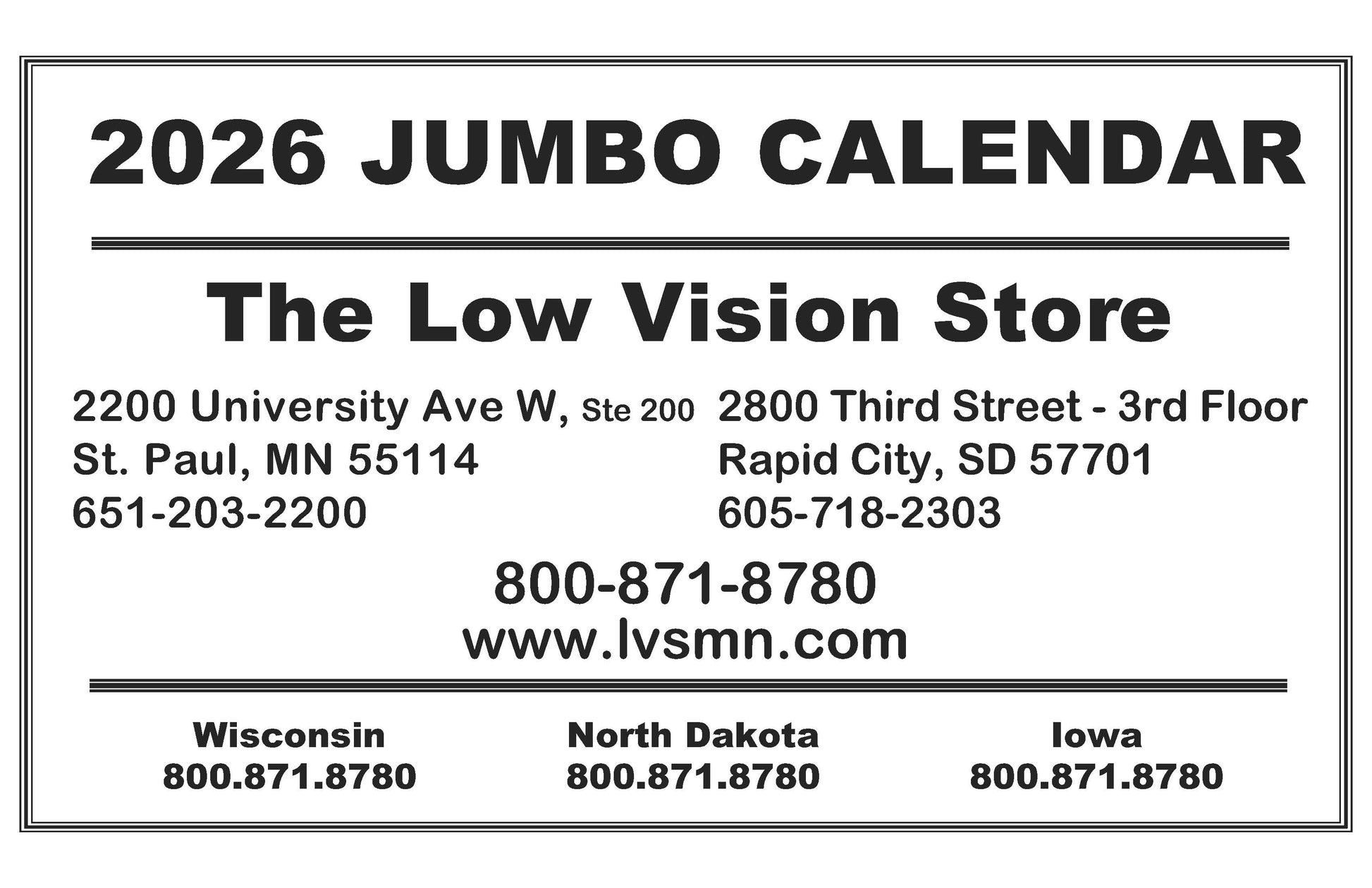 2026 Jumbo Calendar for The Low Vision Store with contact information.