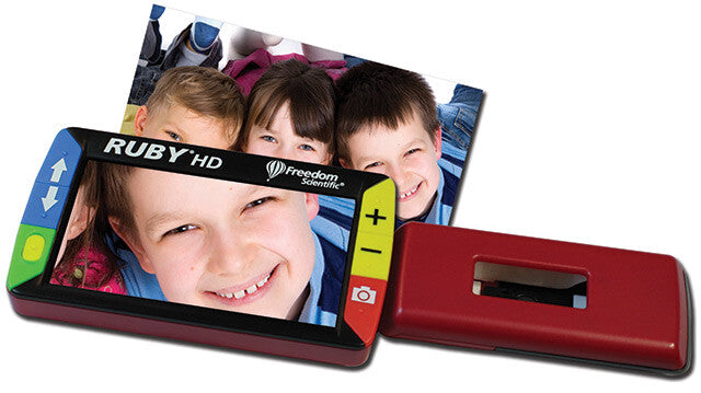 Portable low vision video magnifier RUBY HD displaying a photo of smiling children, showcasing its advanced features.
