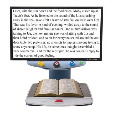 Topaz EZ HD electronic desktop video magnifier for low vision displaying text on a 24-inch screen.