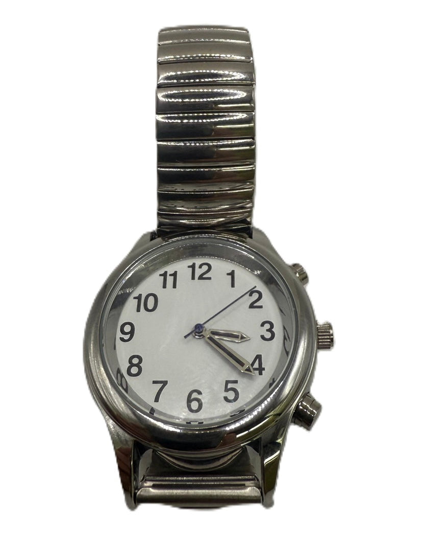 Silver watch with a white face on a white background