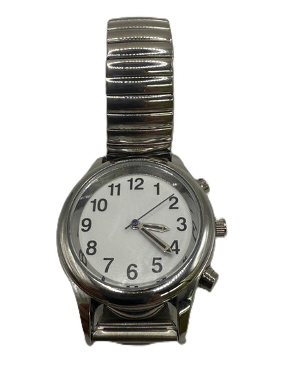 Silver watch with a white face on a white background