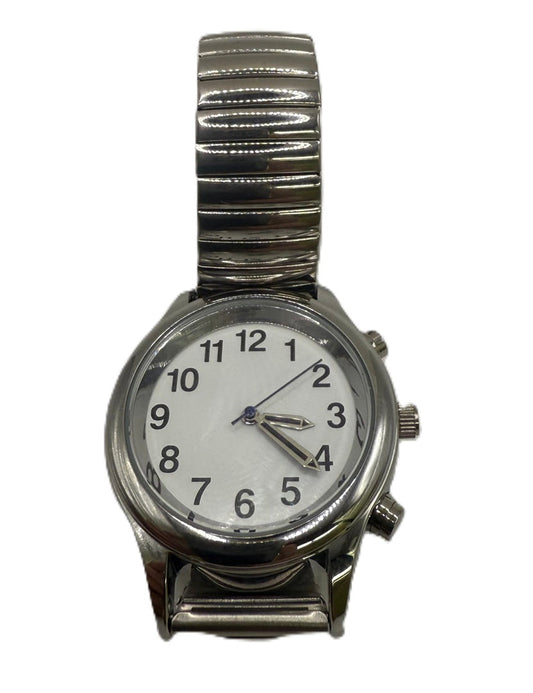Silver watch with a white face on a white background