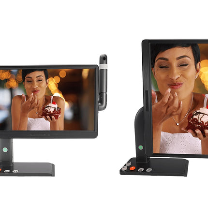 Mirror Pad Pro, the first 3-in-1 wireless magnifier, displaying a user enjoying dessert with enhanced visibility.