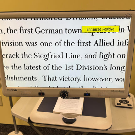 Used Merlin HD Elite Video Magnifier displaying enlarged text with enhanced contrast for better readability.