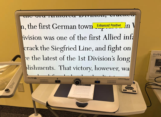 Used Merlin HD Elite Video Magnifier displaying enlarged text with enhanced contrast for better readability.