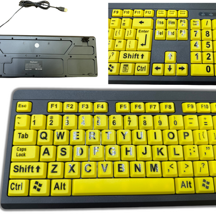 Large print computer keyboard with bright yellow keys and bold black letters for enhanced visibility and ease of use.
