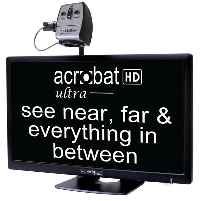 Acrobat Enhanced Vision HD ultra-LCD 27 inch with HD camera displaying text for enhanced viewing.