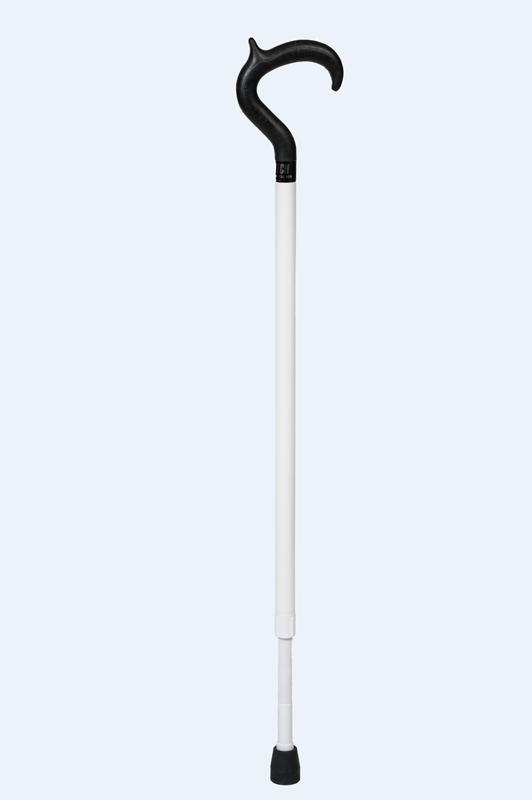 Adjustable support cane with modern handle design, made of aluminum and plastic for durability and easy height adjustment.