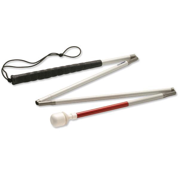 Folding aluminum mobility cane with a standard handle and ergonomic grip, featuring a durable design for easy use.