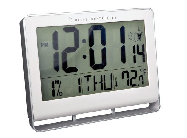 radio-controlled LCD number clock displaying time, date, and temperature on a clear LCD screen.