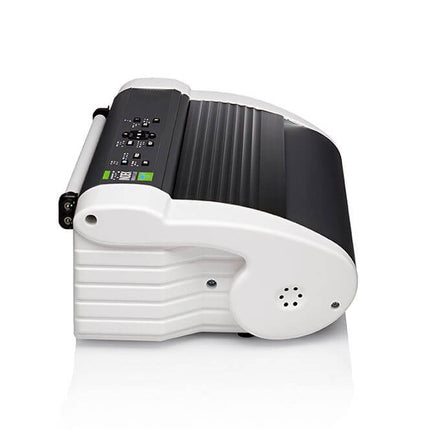 Basic-D V5 compact Braille embosser shown from the side, featuring buttons and a sleek design.