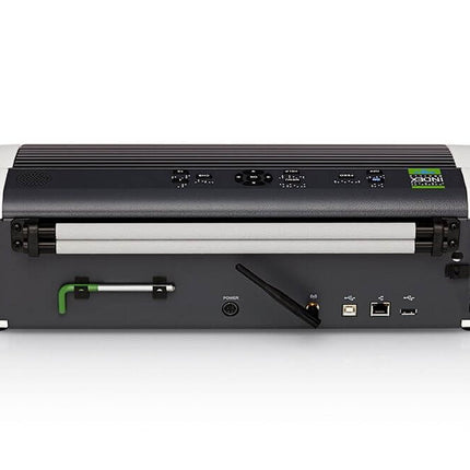 Back view of the Basic-D V5 compact Braille embosser with ports and controls for versatile connectivity.