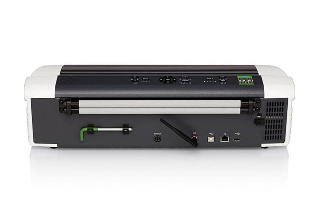 Back view of the Basic-D V5 compact Braille embosser with ports and controls for versatile connectivity.