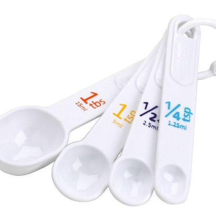 Large print measuring spoons in white with color-coded markings for easy identification and E-Z Read numbers.