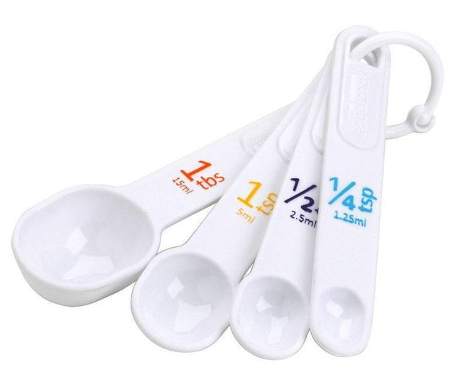 Large print measuring spoons in white with color-coded markings for easy identification and E-Z Read numbers.