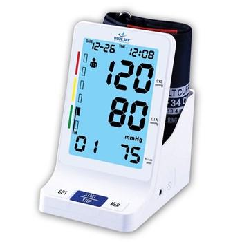 Talking blood pressure monitor bilingual with digital display and built-in cuff holder.