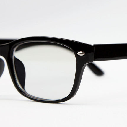 Close-up of blue light blocking glasses designed to protect eyes from harmful blue light.
