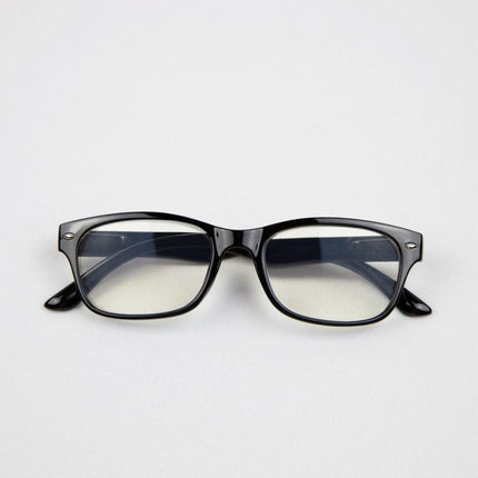 Blue light blocking glasses with black frames for digital eye protection.