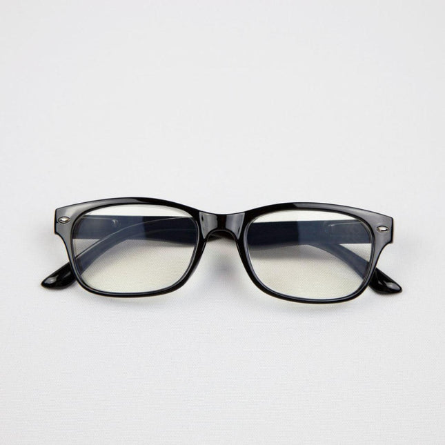 Blue light blocking glasses with black frames for digital eye protection.