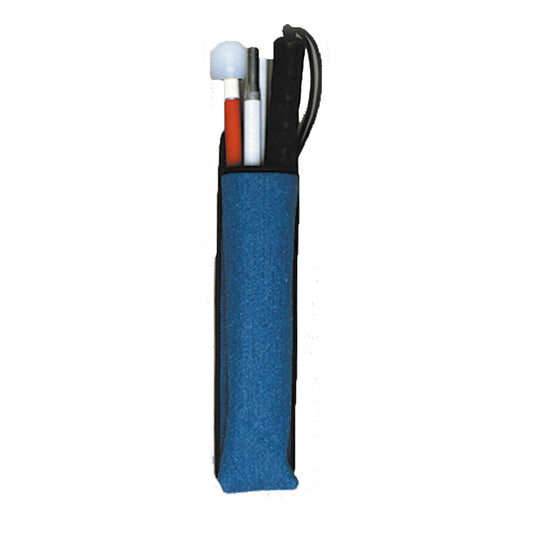 Blue pen holder with pens on a white background