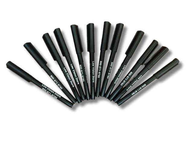 Bold writing pen for low vision collection, featuring multiple black ink pens with flexible fiber points.
