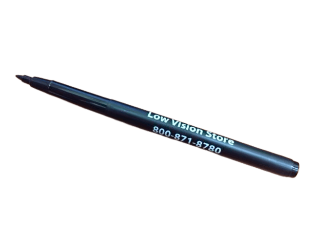 Bold writing pen for low vision displayed with high-visibility black ink and precise fiber point.