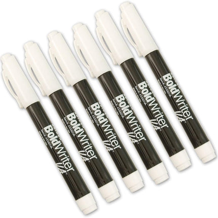 6-pack BoldWriter variable-tip bold black pen for low vision with easy-to-see dark ink and white caps arranged in a row