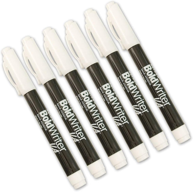 6-pack BoldWriter variable-tip bold black pen for low vision with easy-to-see dark ink and white caps arranged in a row