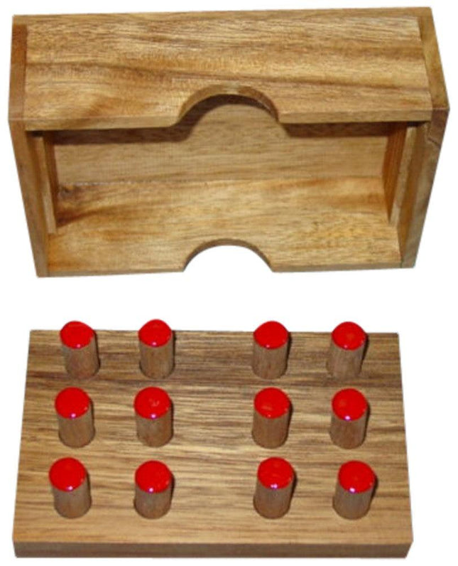Braille learning toy with wooden board and red pegs, designed for creating Braille characters.